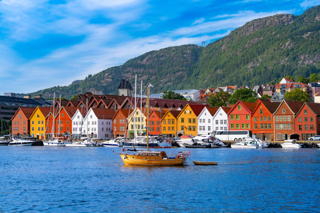 Picture of Bryggen from the waterfront on a sunny day